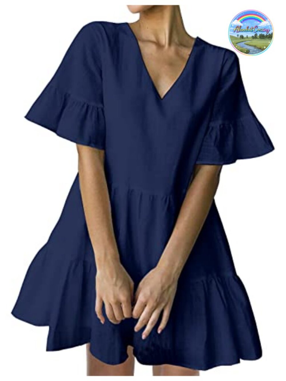 V Neck Shift Mini Dress with Pockets Bell Sleeve Ruffle Hem Loose Swing Tunic